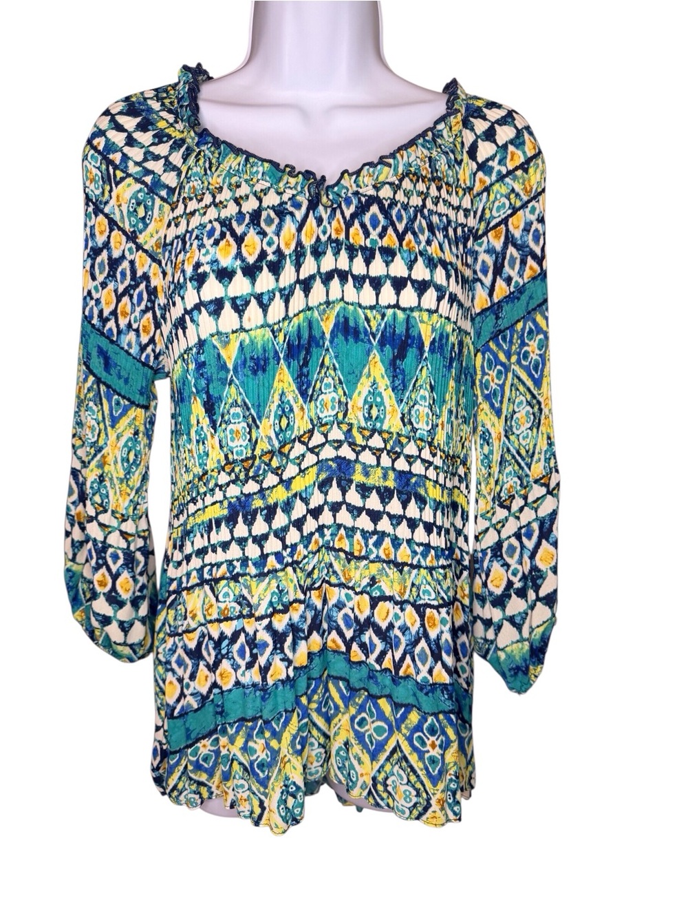 Sami & Jo Boho Peasant Blouse Size Small Blue Teal Yellow Smocked 3/4 Sleeve